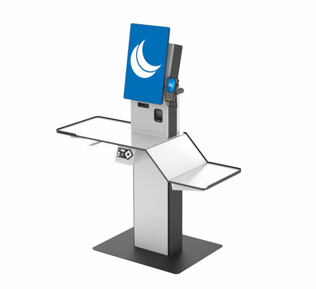 Image of SpacePole Outdoor Kiosk for Elo 2799L, flanked by splashes of water and a burst of dust, illustrating its weather and dust resistance.