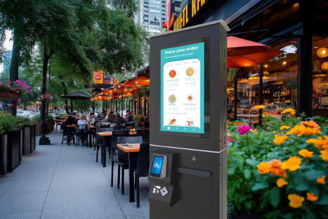 Outdoor Quick Service Restaurant customers using the SpacePole Outdoor kiosk for the Elo 2799L